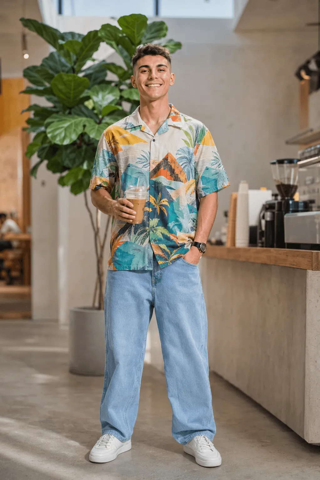 Smiling Casually In A Modern Cafe Prompt
